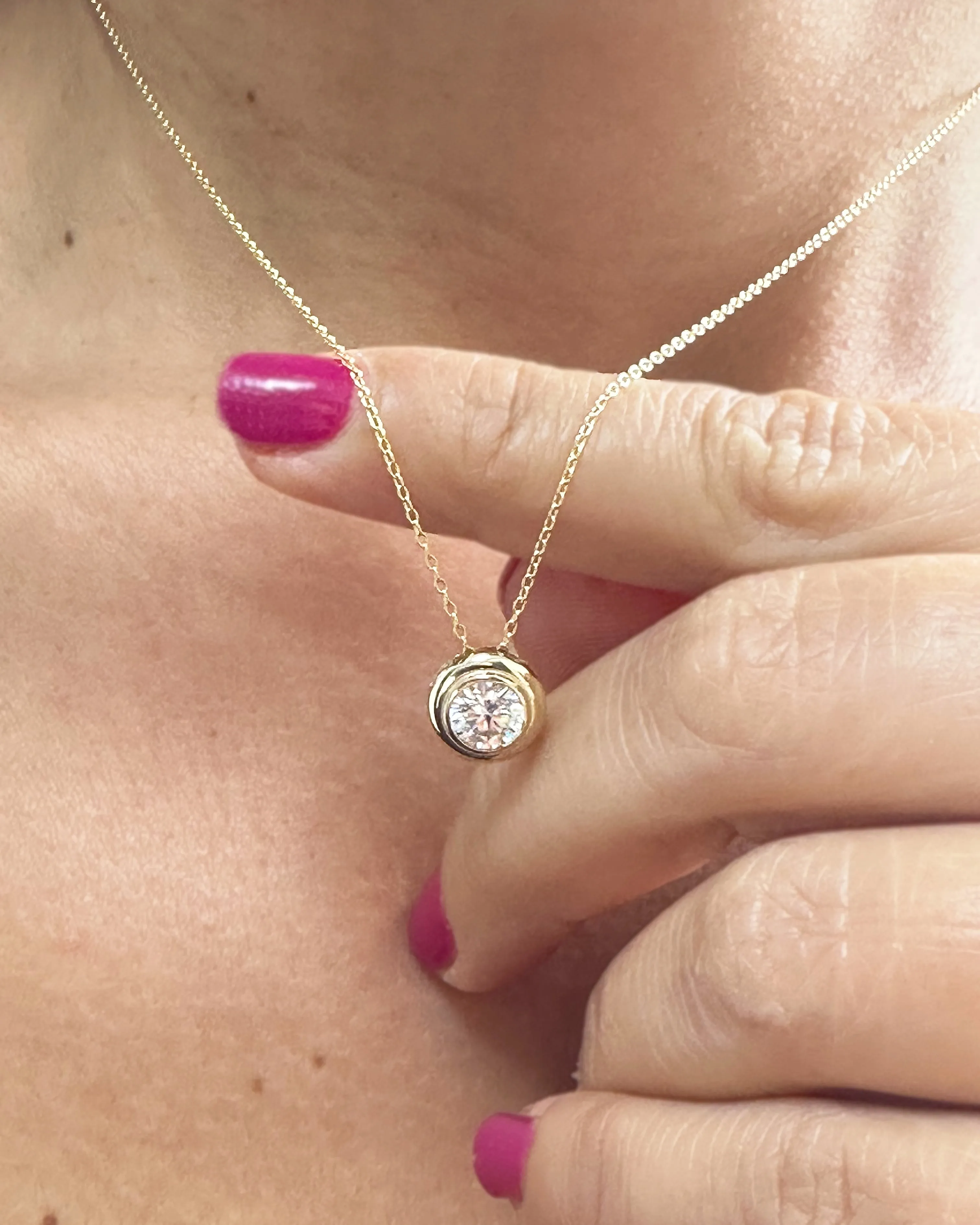 Round Cut CVD Diamond Pendant And Chain Solitaire Minimalist Dainty Bezel Set 14k Solid Yellow Gold Necklace And Chain Wedding Gift 1.00ct