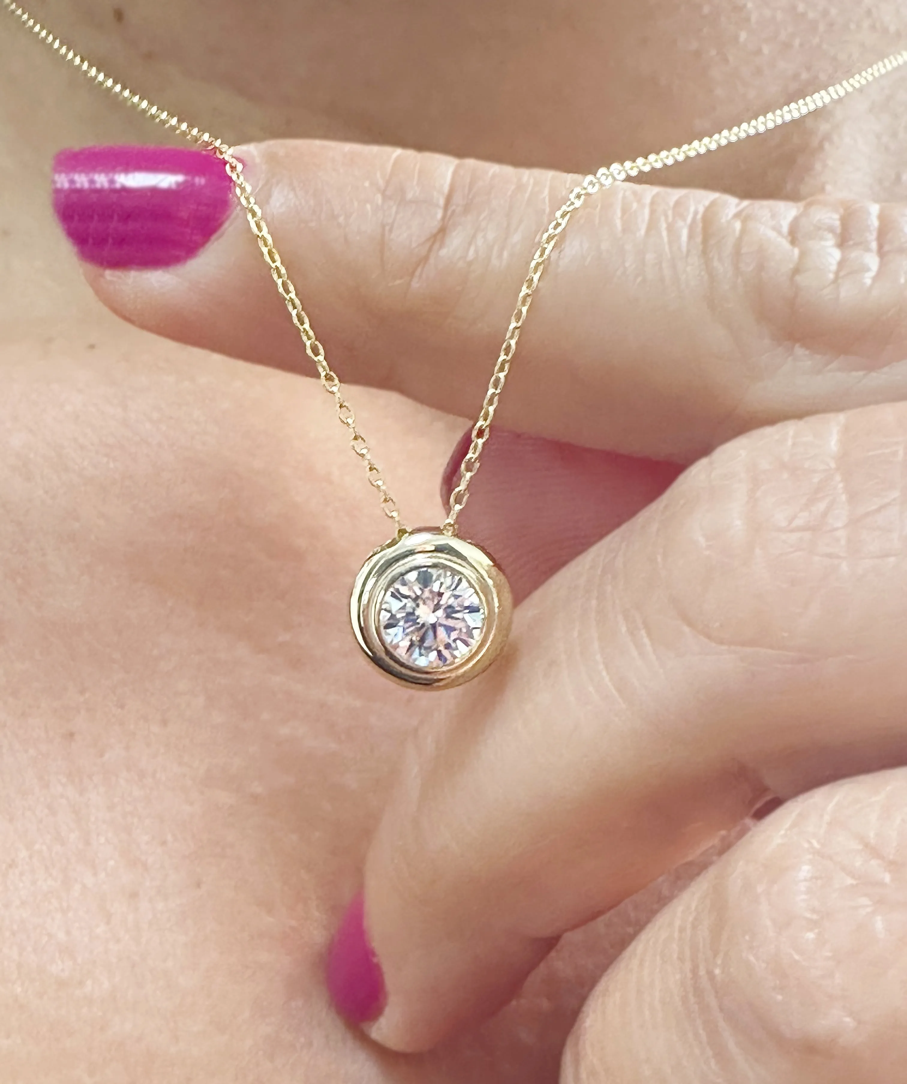Round Cut CVD Diamond Pendant And Chain Solitaire Minimalist Dainty Bezel Set 14k Solid Yellow Gold Necklace And Chain Wedding Gift 1.00ct