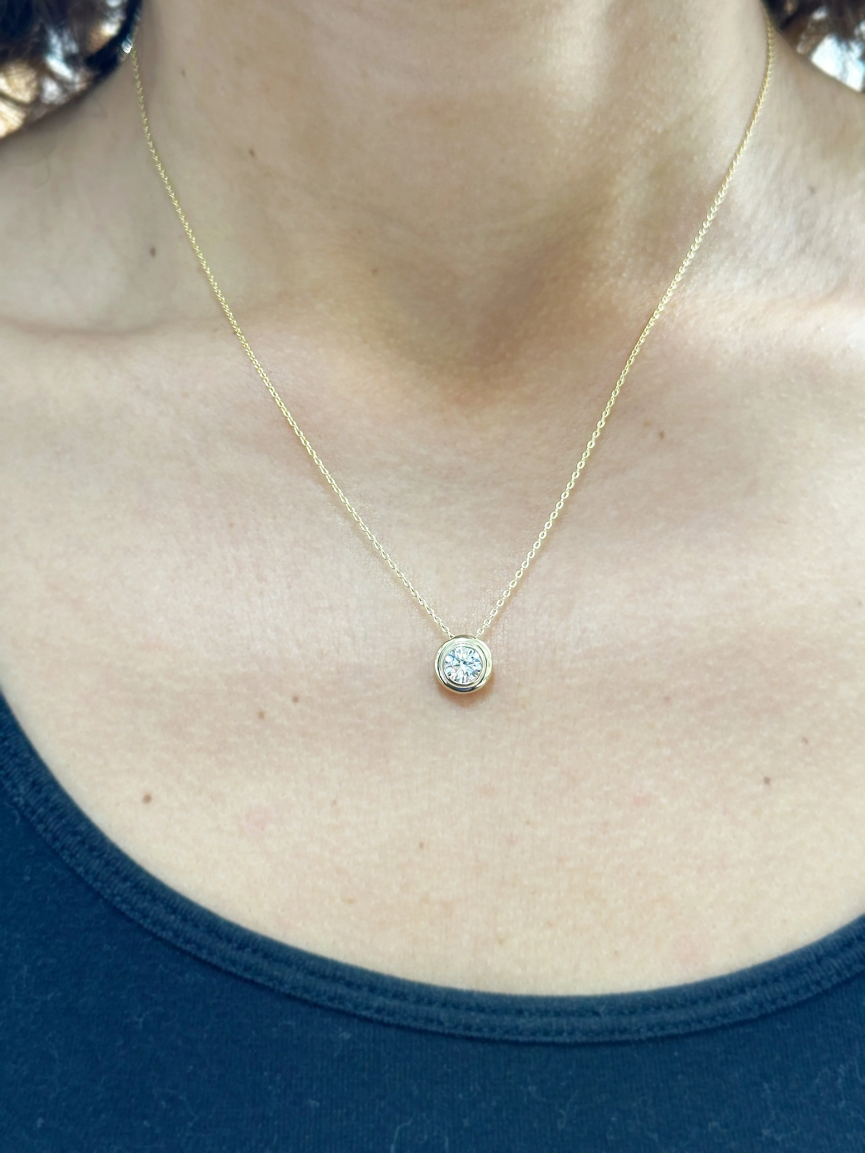 Round Cut CVD Diamond Pendant And Chain Solitaire Minimalist Dainty Bezel Set 14k Solid Yellow Gold Necklace And Chain Wedding Gift 1.00ct