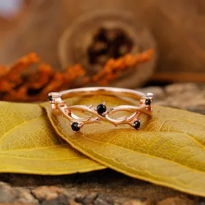 Round Cut Natural Black Spinel Engagement Band, Leaf Vine Shaped Ring, Art Deco Bridal Ring