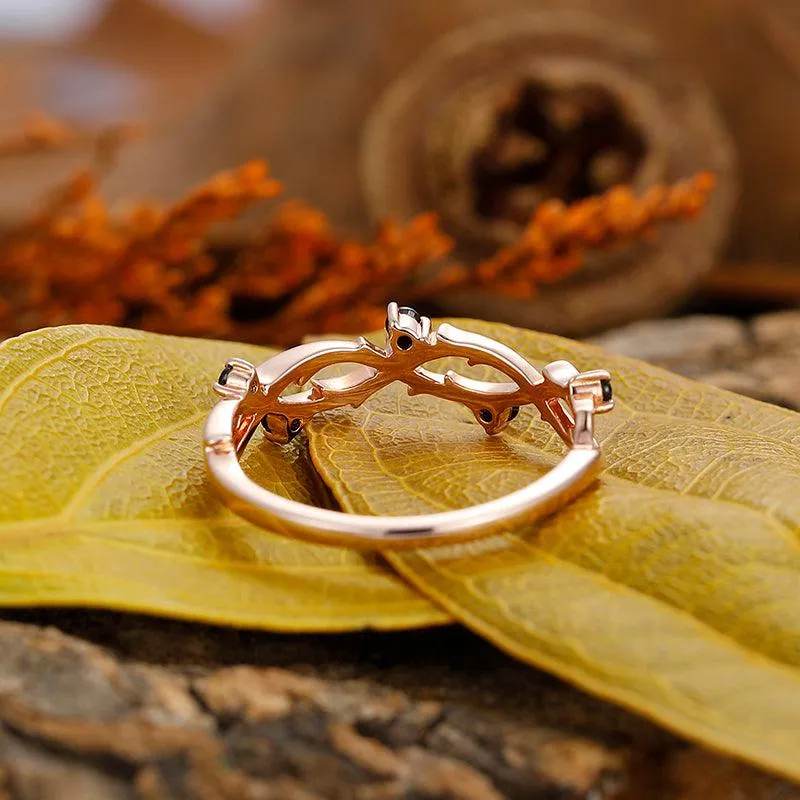 Round Cut Natural Black Spinel Engagement Band, Leaf Vine Shaped Ring, Art Deco Bridal Ring