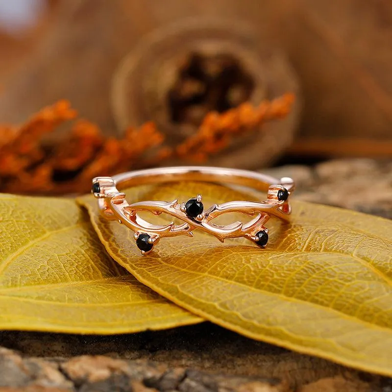 Round Cut Natural Black Spinel Engagement Band, Leaf Vine Shaped Ring, Art Deco Bridal Ring