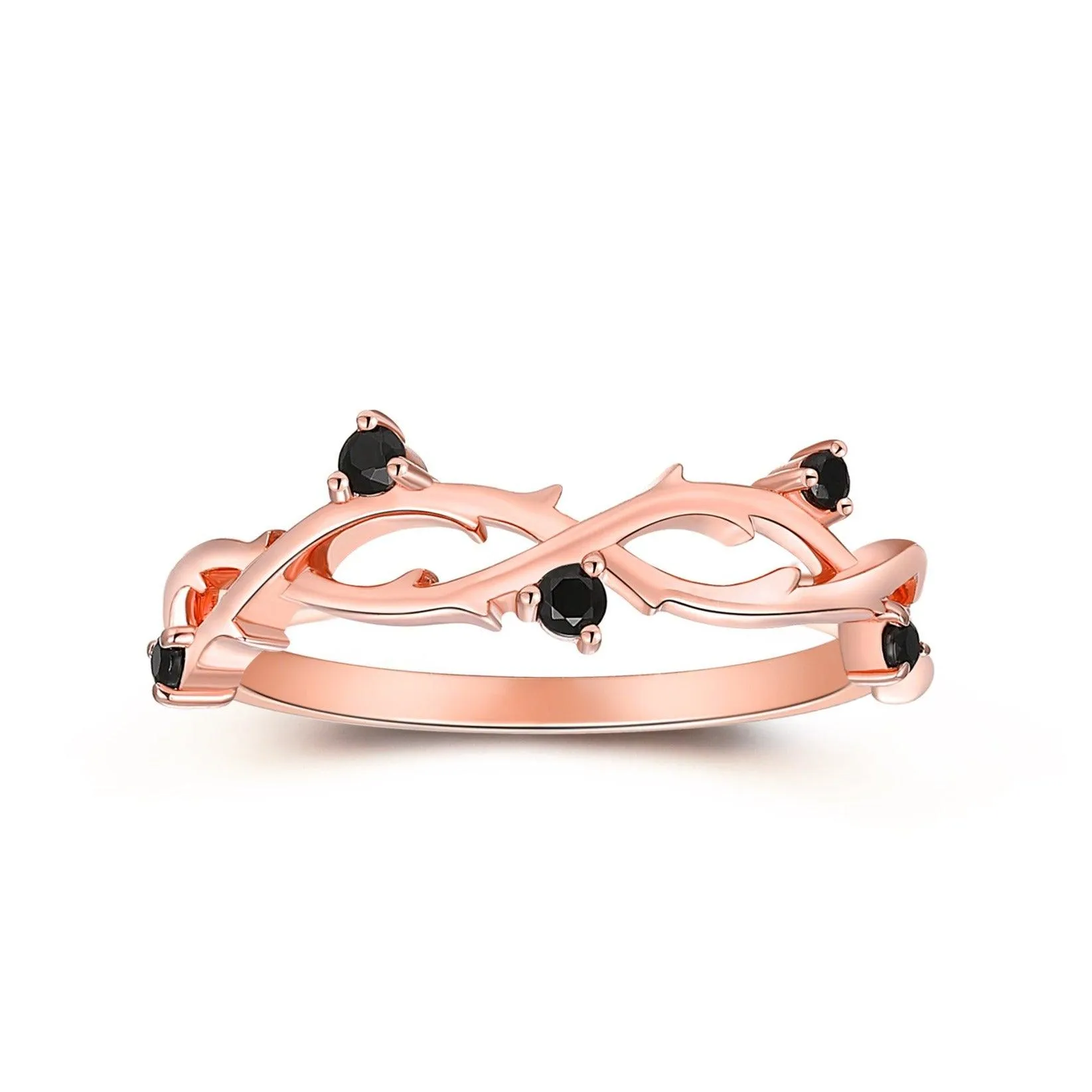 Round Cut Natural Black Spinel Engagement Band, Leaf Vine Shaped Ring, Art Deco Bridal Ring