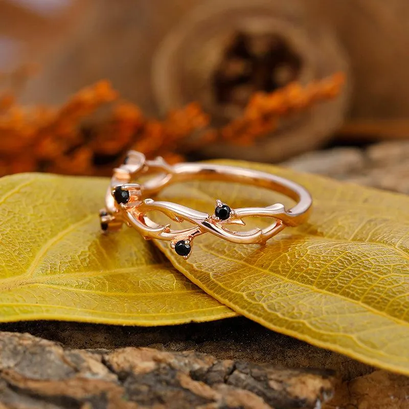 Round Cut Natural Black Spinel Engagement Band, Leaf Vine Shaped Ring, Art Deco Bridal Ring
