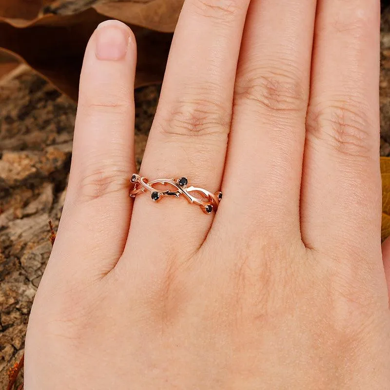 Round Cut Natural Black Spinel Engagement Band, Leaf Vine Shaped Ring, Art Deco Bridal Ring
