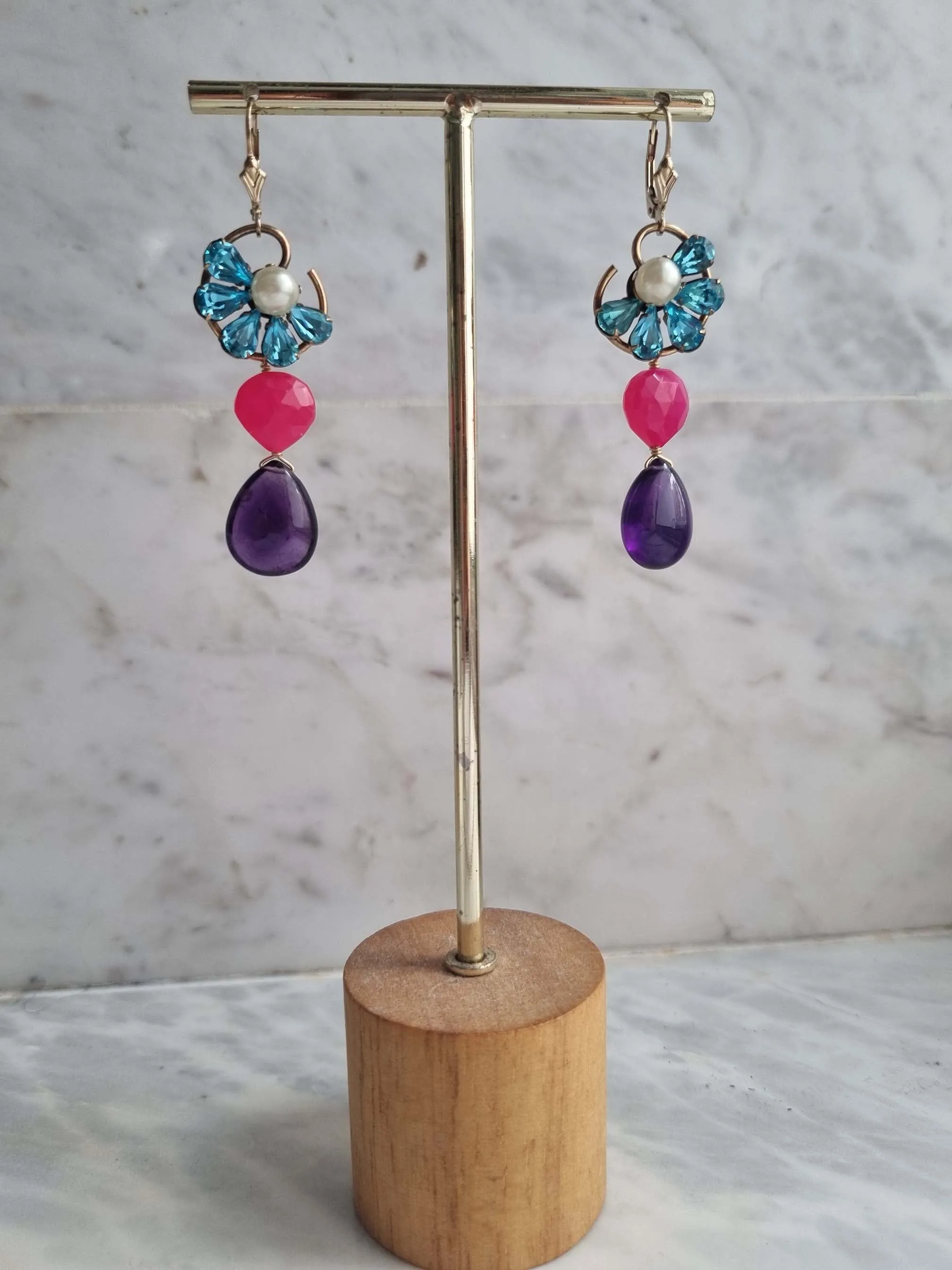 Royal | Vintage blue rhinestone iolite pink quartz earrings
