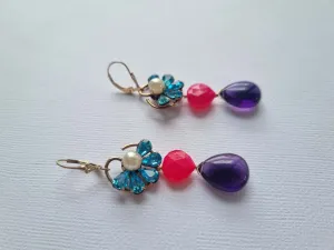 Royal | Vintage blue rhinestone iolite pink quartz earrings