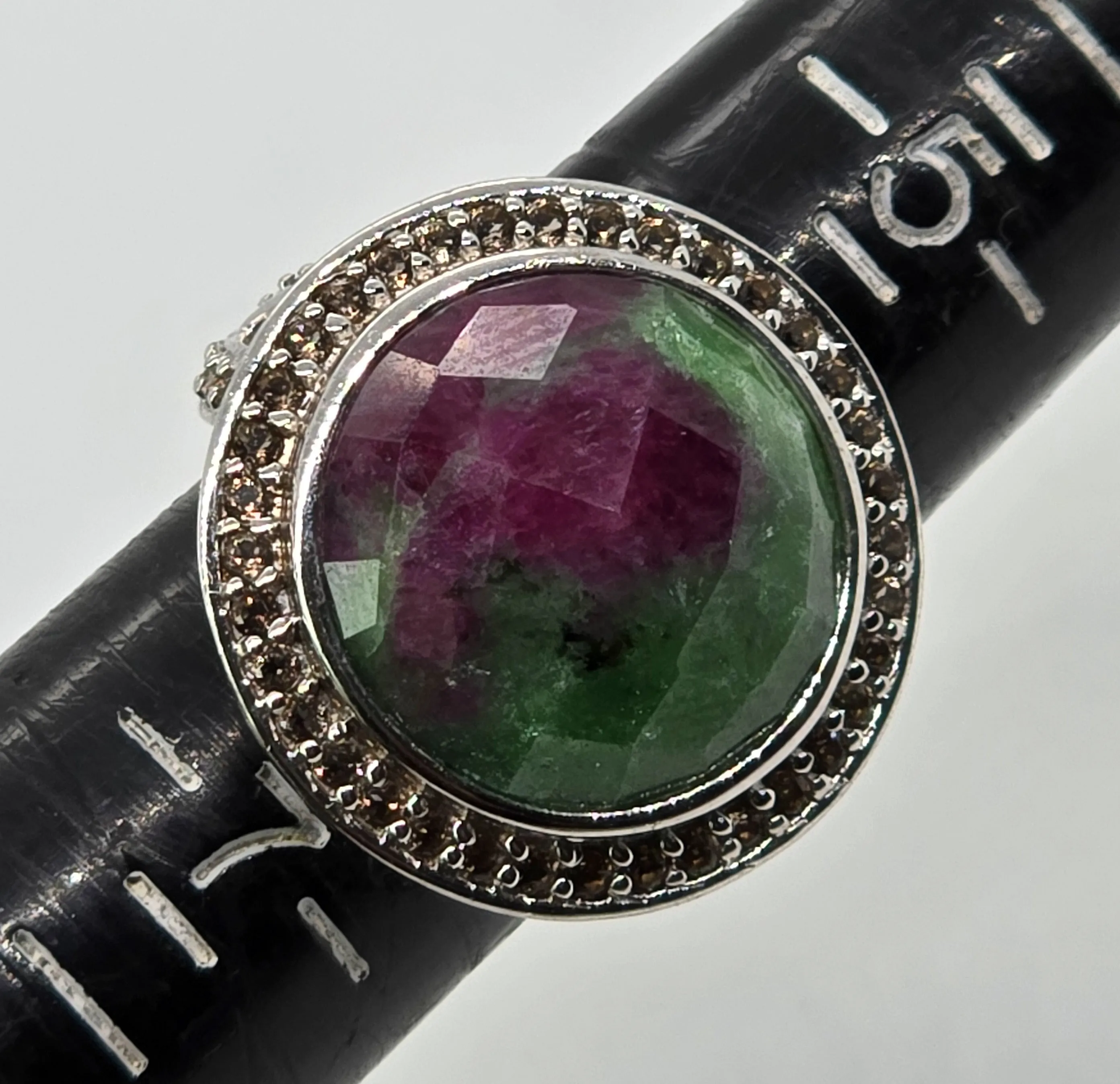 Ruby Zoisite  7.50 Ct and Smokey Quartz Sterling silver ring size 6