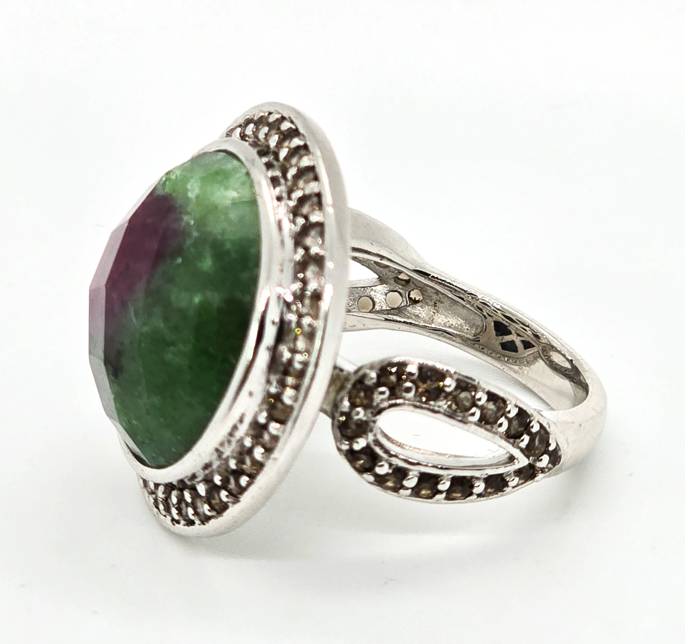 Ruby Zoisite  7.50 Ct and Smokey Quartz Sterling silver ring size 6