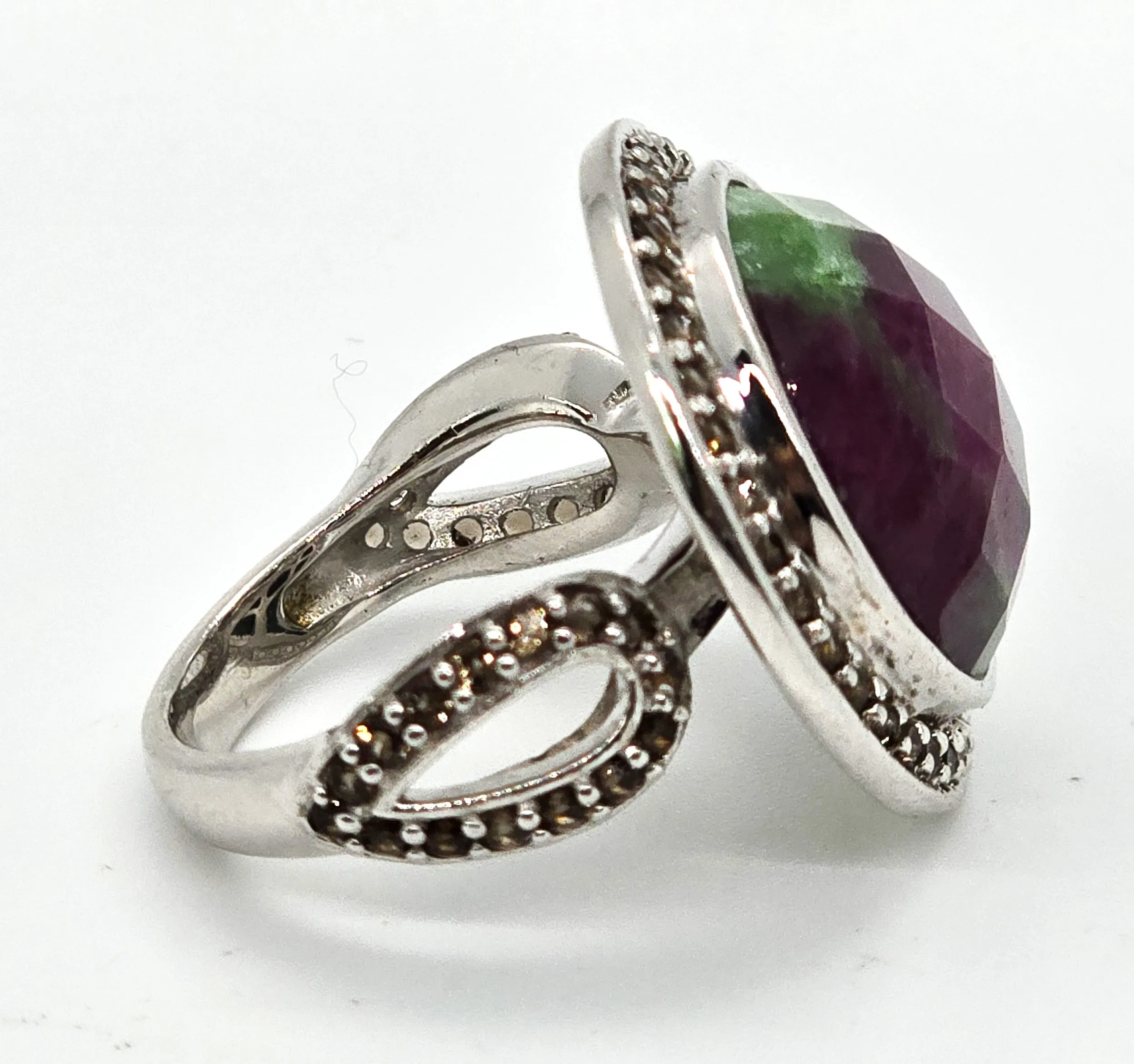 Ruby Zoisite  7.50 Ct and Smokey Quartz Sterling silver ring size 6