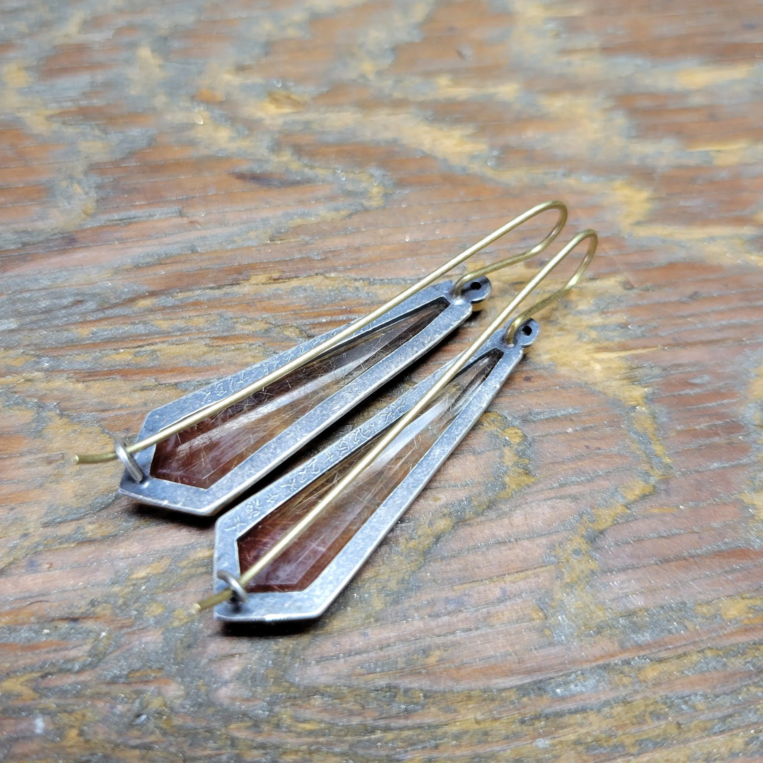 Rutilated quartz and diamond earrings in sterling and gold