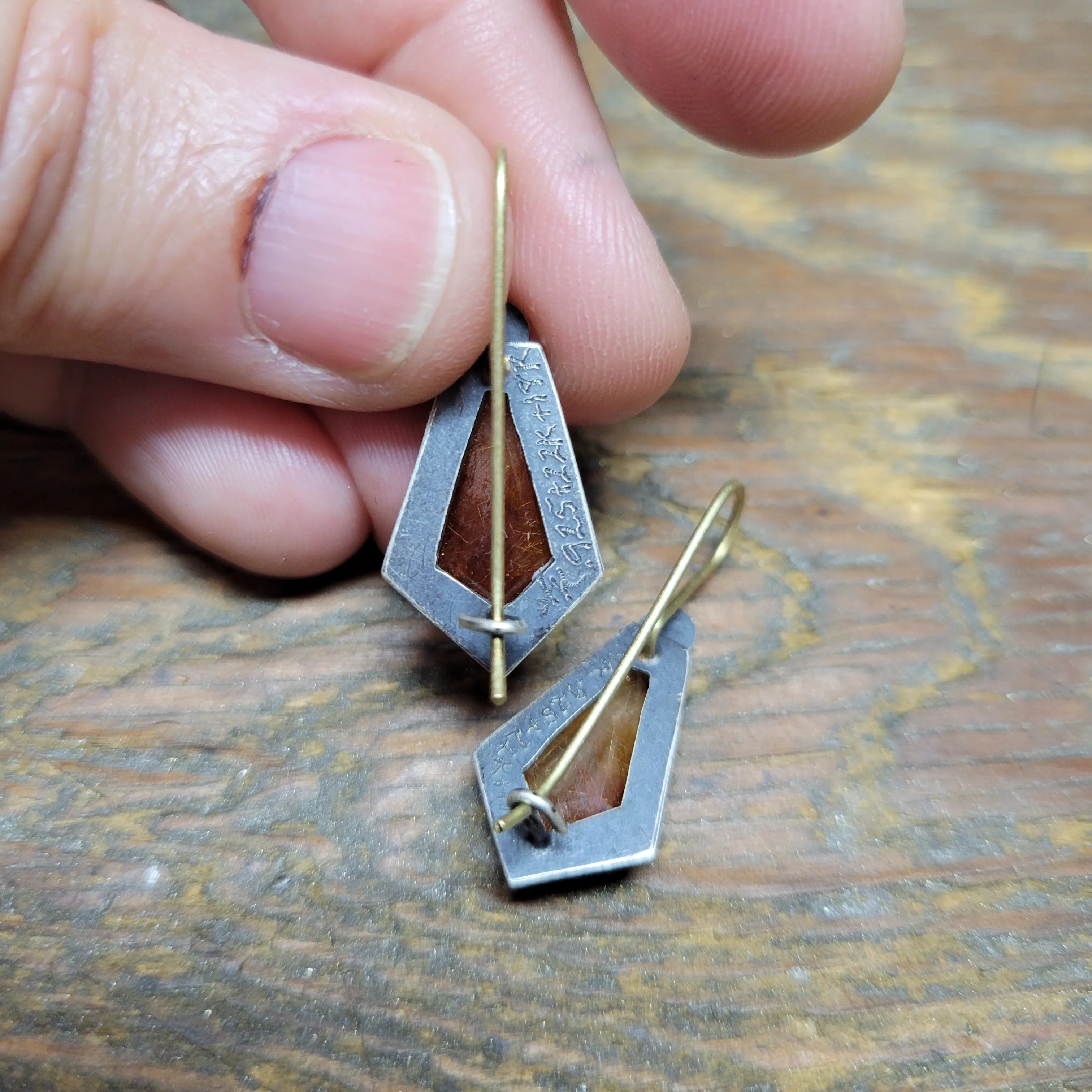 Rutilated quartz earrings in sterling and gold