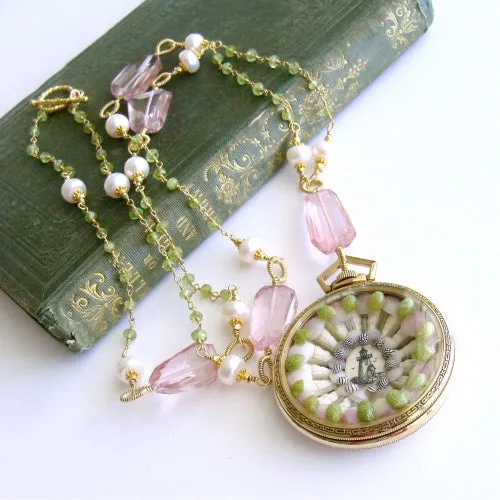 Sailors Valentine Pocket Watch Pink Quartz & Peridot Necklace - Sconset Roses II Sailors Valentine Necklace