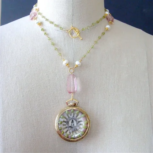 Sailors Valentine Pocket Watch Pink Quartz & Peridot Necklace - Sconset Roses II Sailors Valentine Necklace