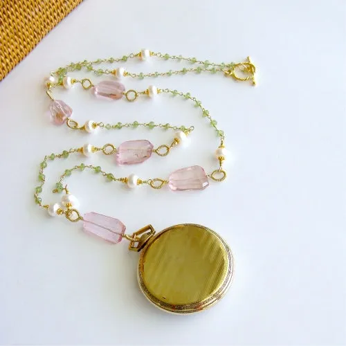 Sailors Valentine Pocket Watch Pink Quartz & Peridot Necklace - Sconset Roses II Sailors Valentine Necklace