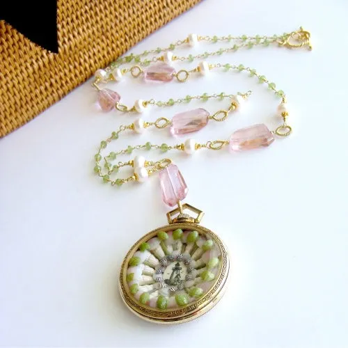 Sailors Valentine Pocket Watch Pink Quartz & Peridot Necklace - Sconset Roses II Sailors Valentine Necklace