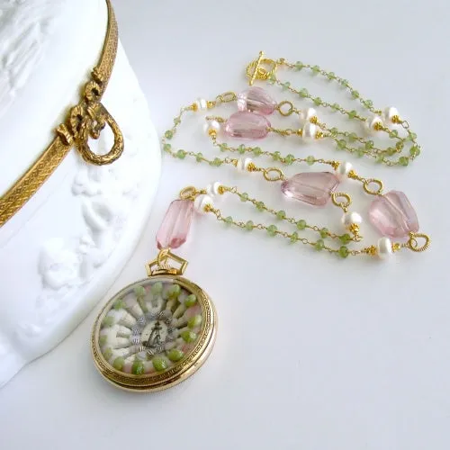 Sailors Valentine Pocket Watch Pink Quartz & Peridot Necklace - Sconset Roses II Sailors Valentine Necklace
