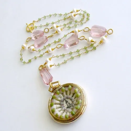 Sailors Valentine Pocket Watch Pink Quartz & Peridot Necklace - Sconset Roses II Sailors Valentine Necklace