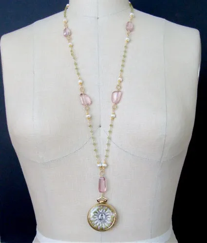 Sailors Valentine Pocket Watch Pink Quartz & Peridot Necklace - Sconset Roses II Sailors Valentine Necklace