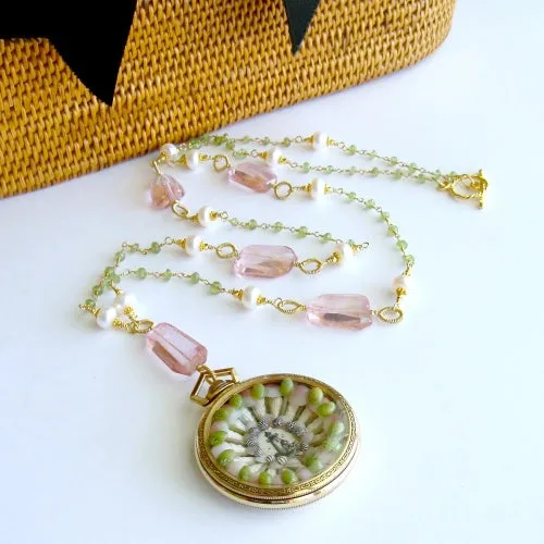 Sailors Valentine Pocket Watch Pink Quartz & Peridot Necklace - Sconset Roses II Sailors Valentine Necklace