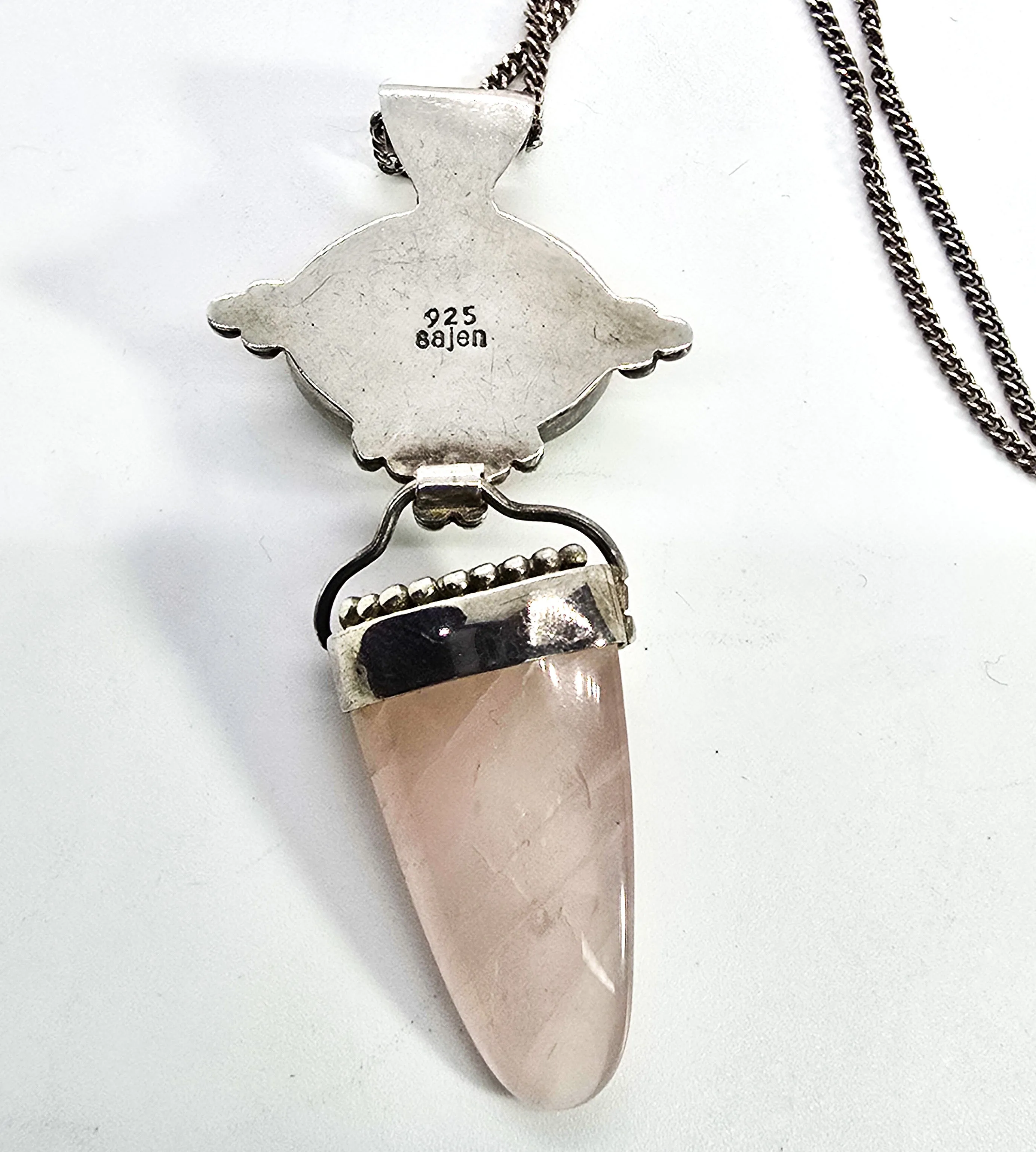 Sajen green Unakite pink rose quartz tribal Bali sterling silver pendant necklace