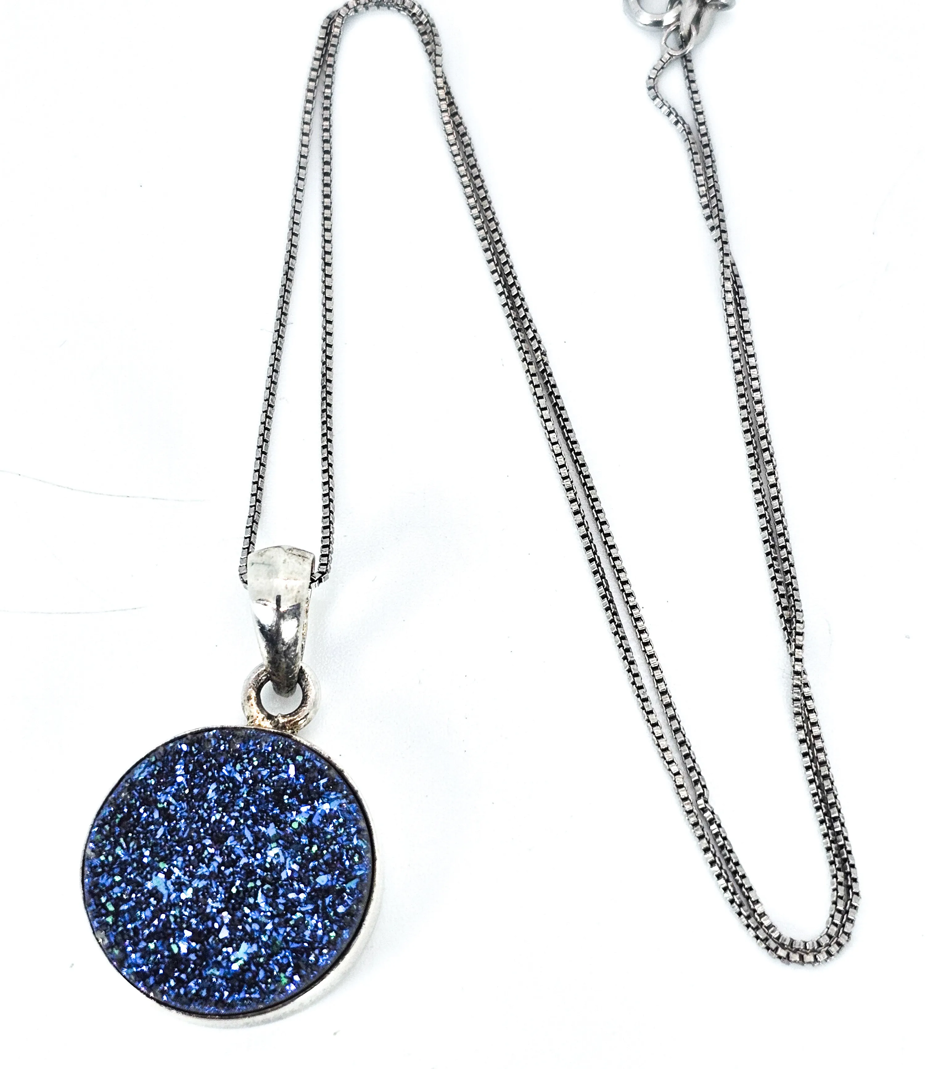 Sajen SJ Titanium blue Aura Druzy Quartz sterling silver signed pendant necklace