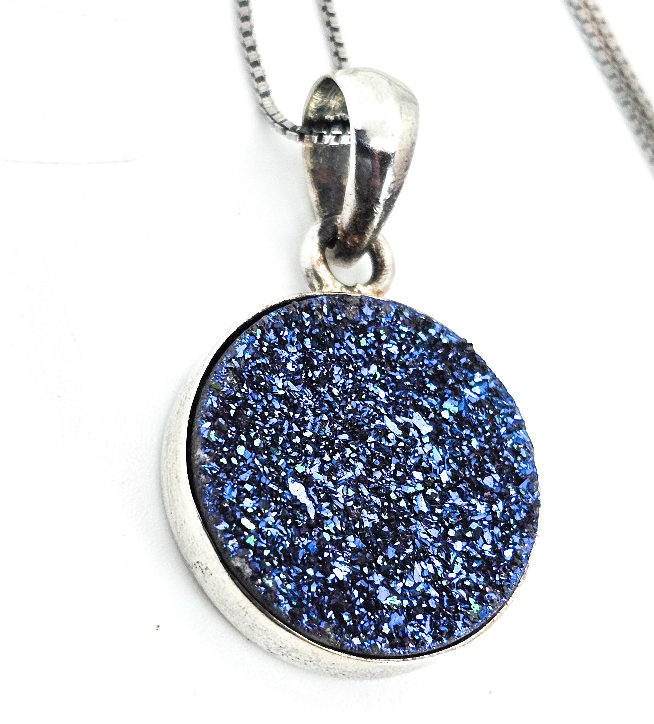 Sajen SJ Titanium blue Aura Druzy Quartz sterling silver signed pendant necklace