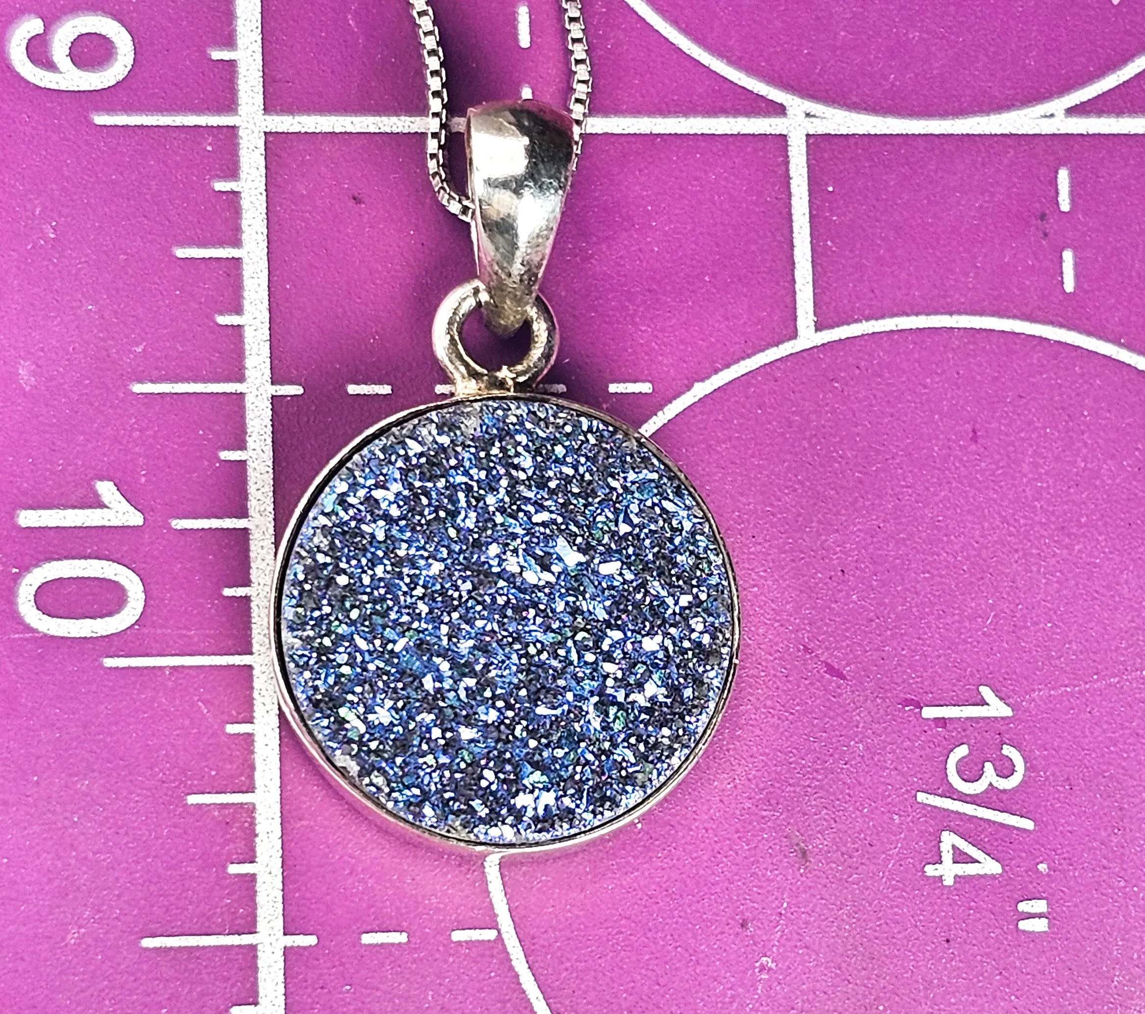 Sajen SJ Titanium blue Aura Druzy Quartz sterling silver signed pendant necklace