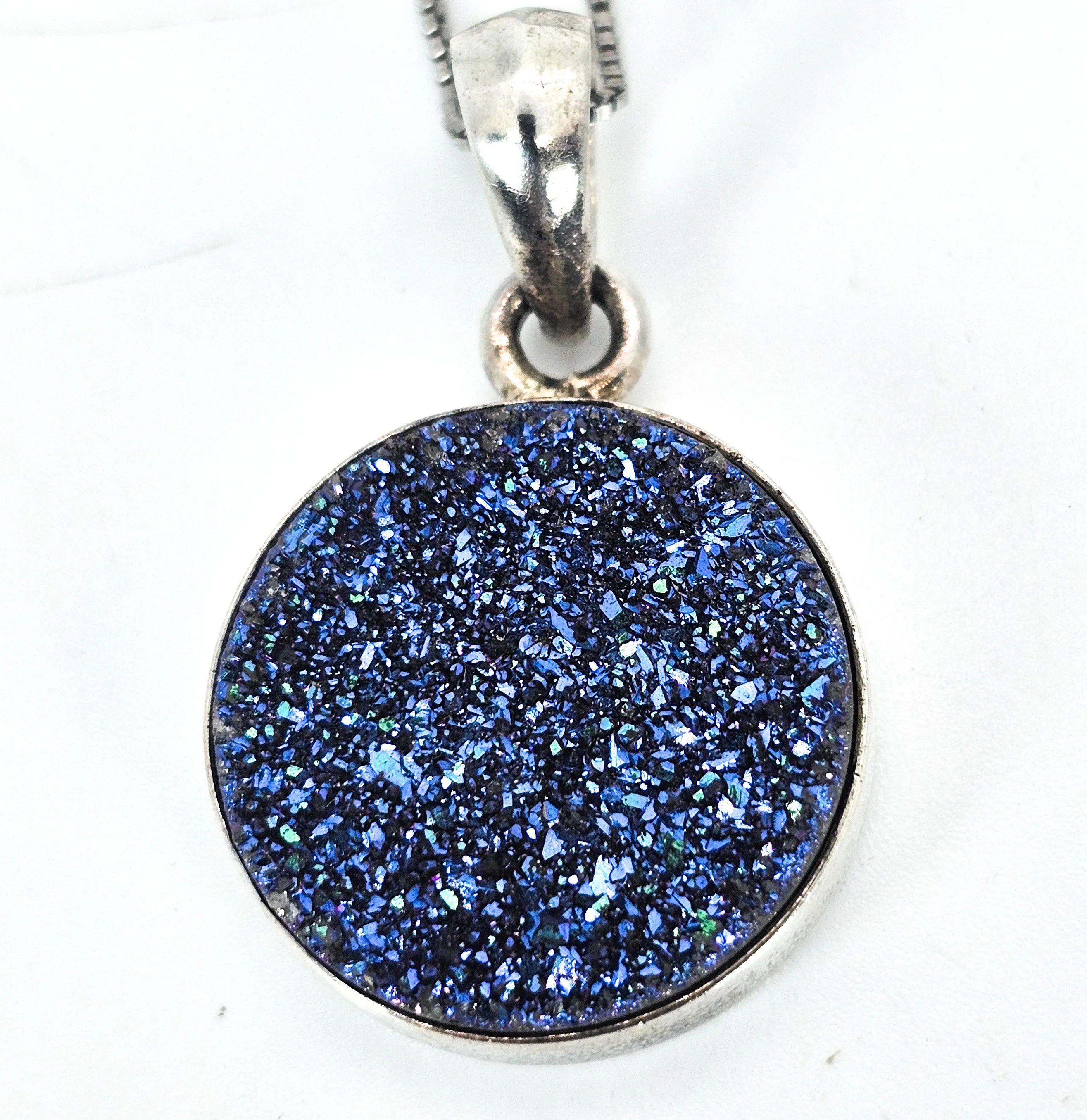 Sajen SJ Titanium blue Aura Druzy Quartz sterling silver signed pendant necklace