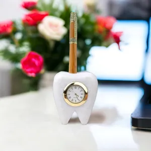SAUDEEP INDIA Tooth Shape Dentist Desk Marbel Table Clock and Pen Holder for Decor and Paper Weight, Ideal Gift for Dentists and Doctors