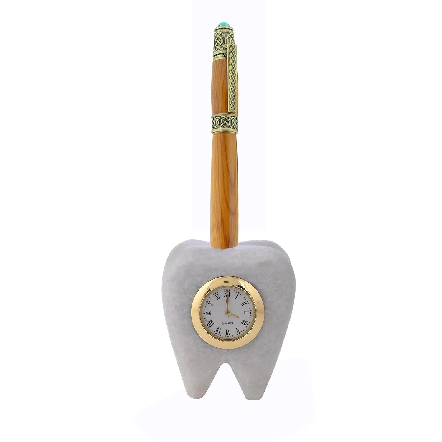 SAUDEEP INDIA Tooth Shape Dentist Desk Marbel Table Clock and Pen Holder for Decor and Paper Weight, Ideal Gift for Dentists and Doctors