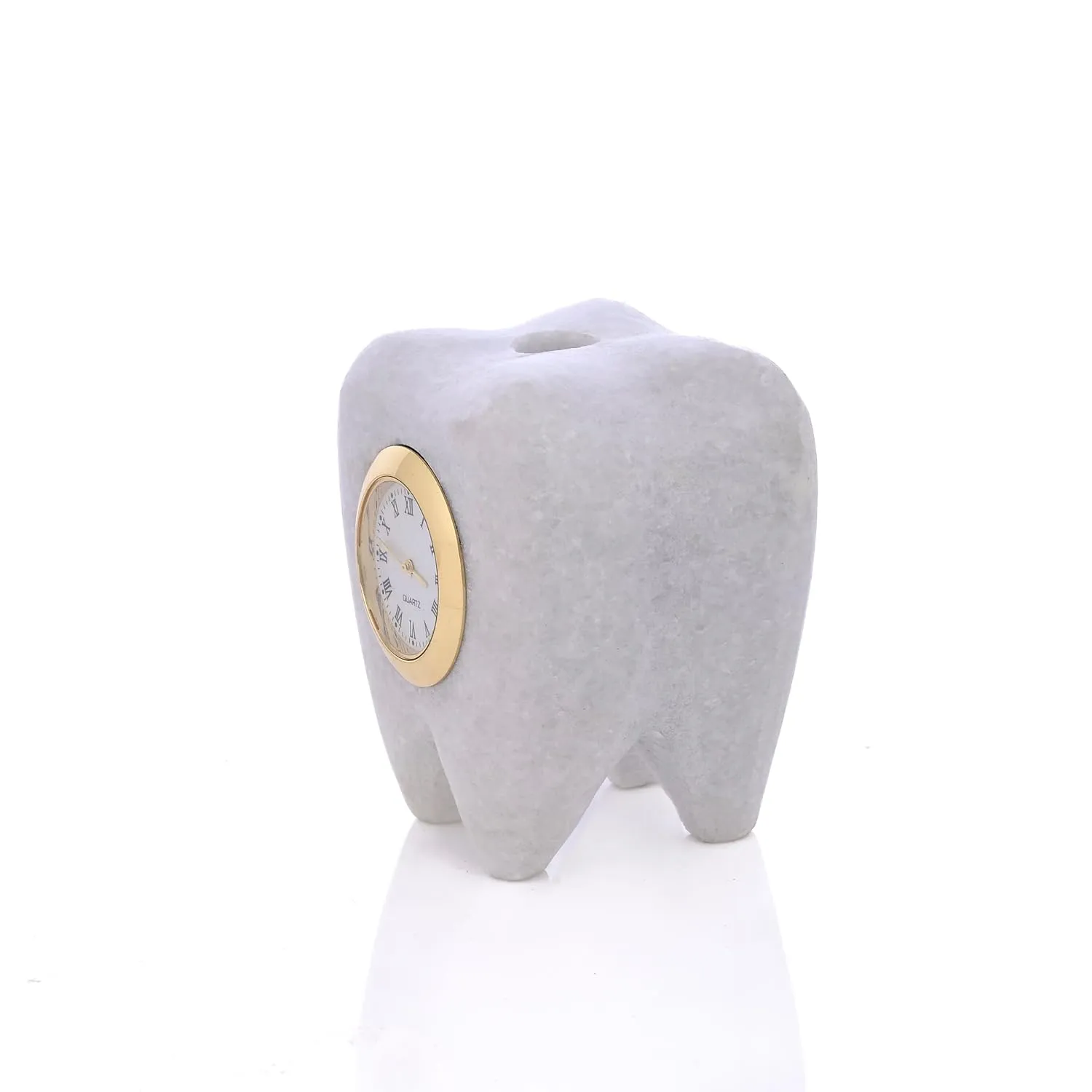 SAUDEEP INDIA Tooth Shape Dentist Desk Marbel Table Clock and Pen Holder for Decor and Paper Weight, Ideal Gift for Dentists and Doctors