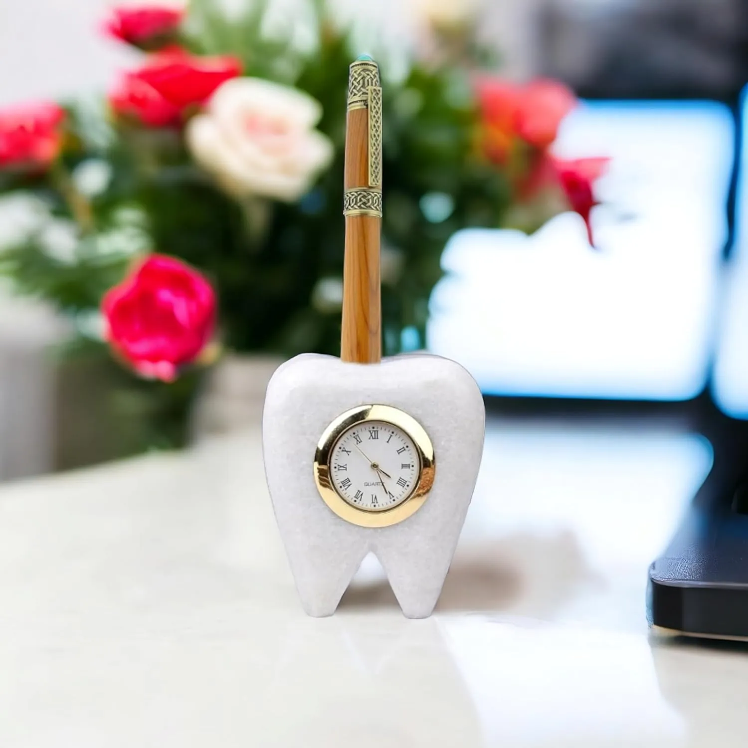 SAUDEEP INDIA Tooth Shape Dentist Desk Marbel Table Clock and Pen Holder for Decor and Paper Weight, Ideal Gift for Dentists and Doctors