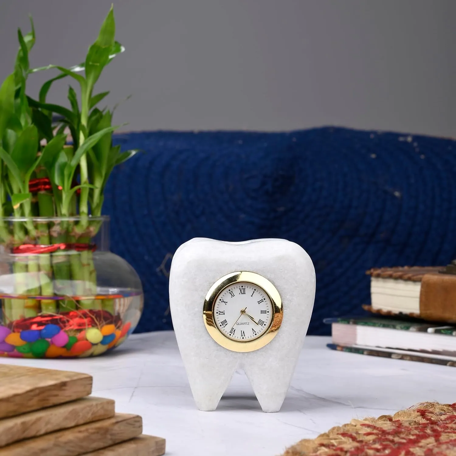 SAUDEEP INDIA Tooth Shape Dentist Desk Marbel Table Clock and Pen Holder for Decor and Paper Weight, Ideal Gift for Dentists and Doctors
