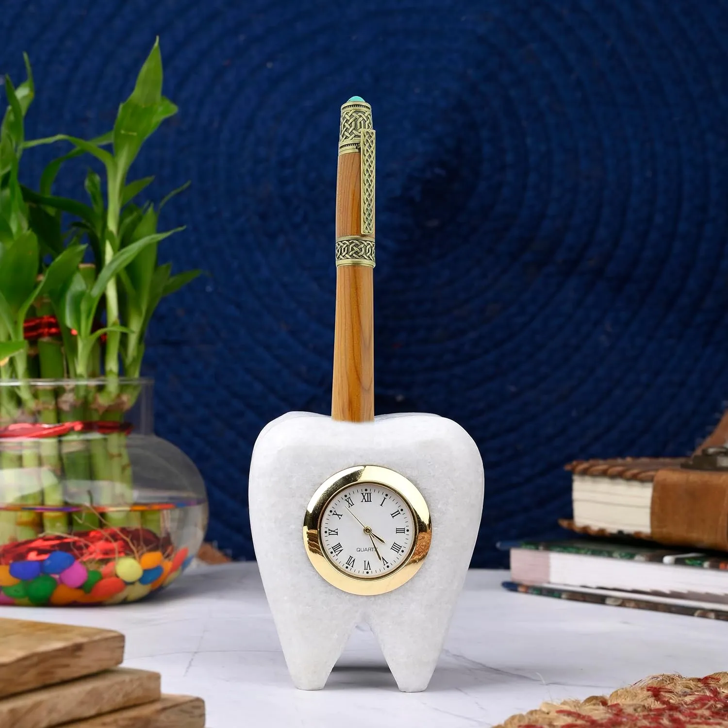 SAUDEEP INDIA Tooth Shape Dentist Desk Marbel Table Clock and Pen Holder for Decor and Paper Weight, Ideal Gift for Dentists and Doctors