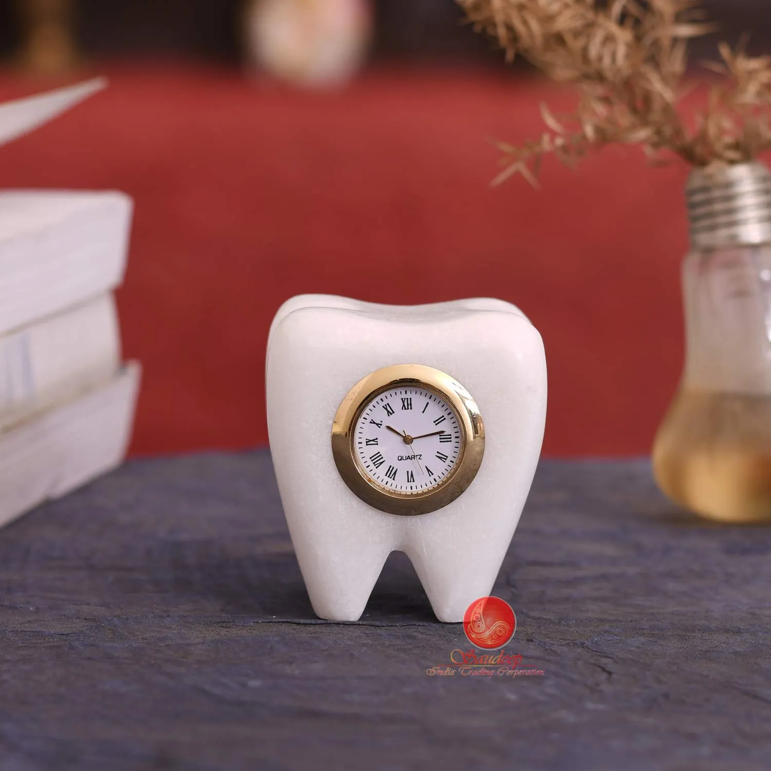 SAUDEEP INDIA Tooth Shape Dentist Desk Marble Table Clock for Decor and Paper Weight, Ideal for Dentists and Doctors (White)