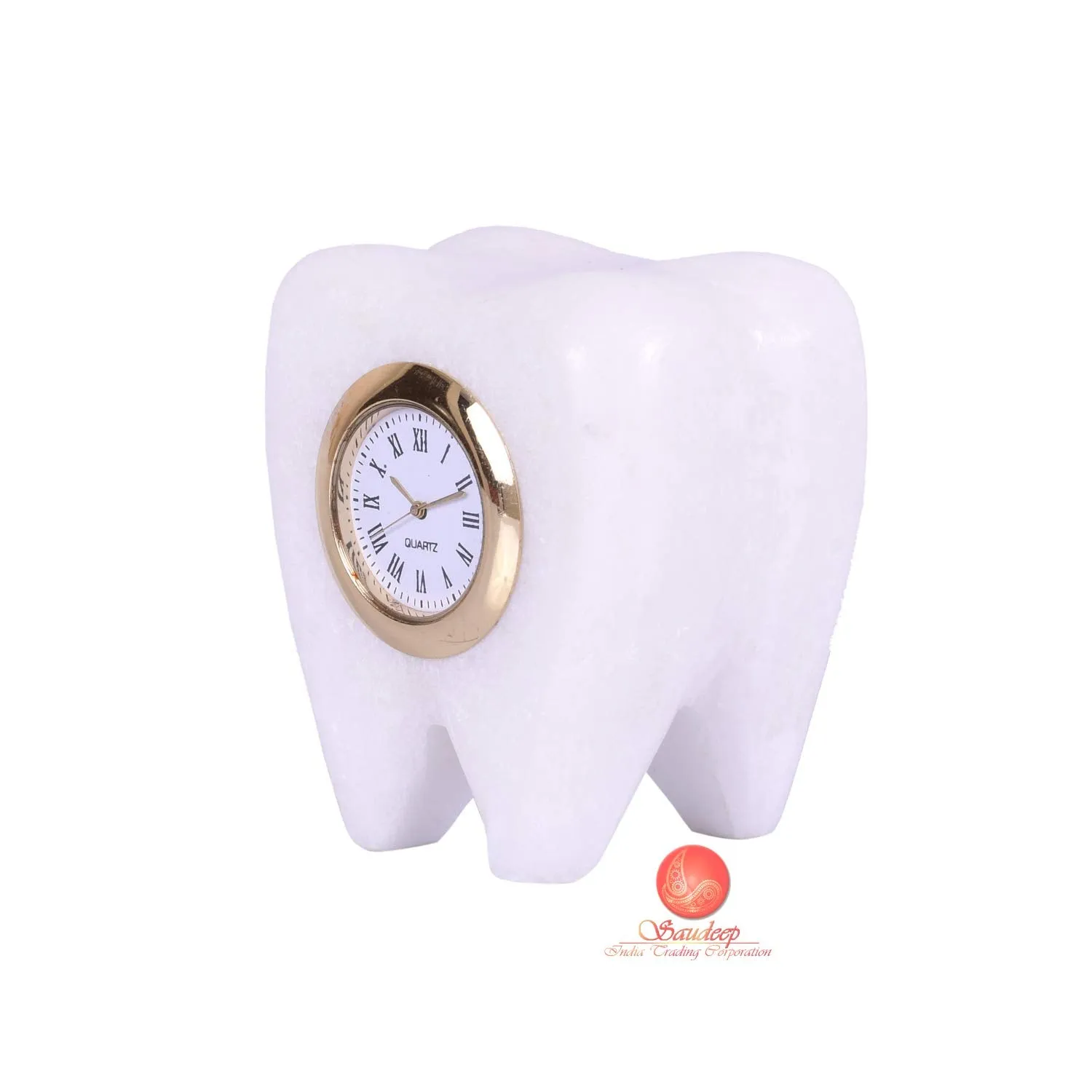 SAUDEEP INDIA Tooth Shape Dentist Desk Marble Table Clock for Decor and Paper Weight, Ideal for Dentists and Doctors (White)