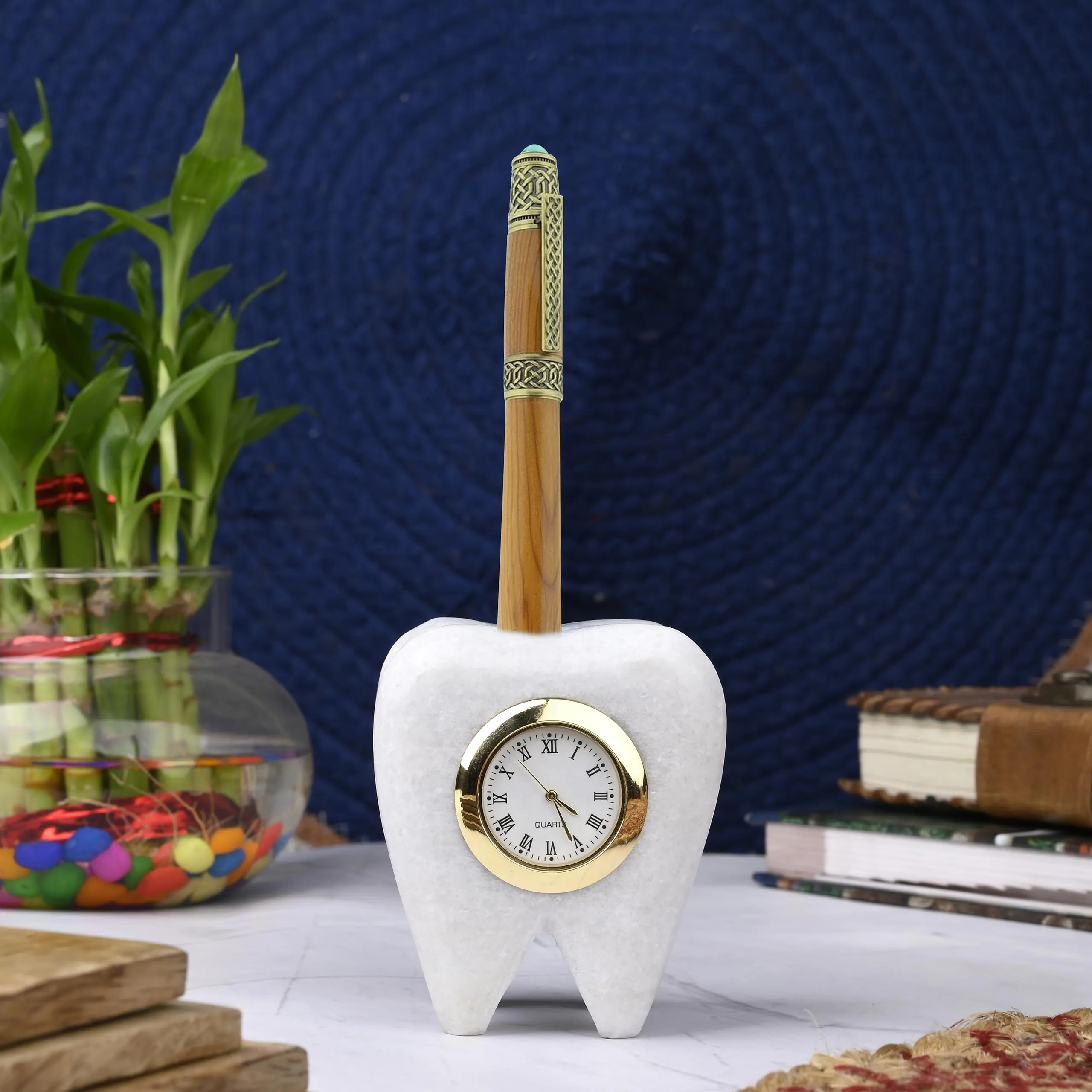 SAUDEEP INDIA Tooth Shape Dentist Desk Marble Table Clock for Decor and Paper Weight, Ideal for Dentists and Doctors (White)