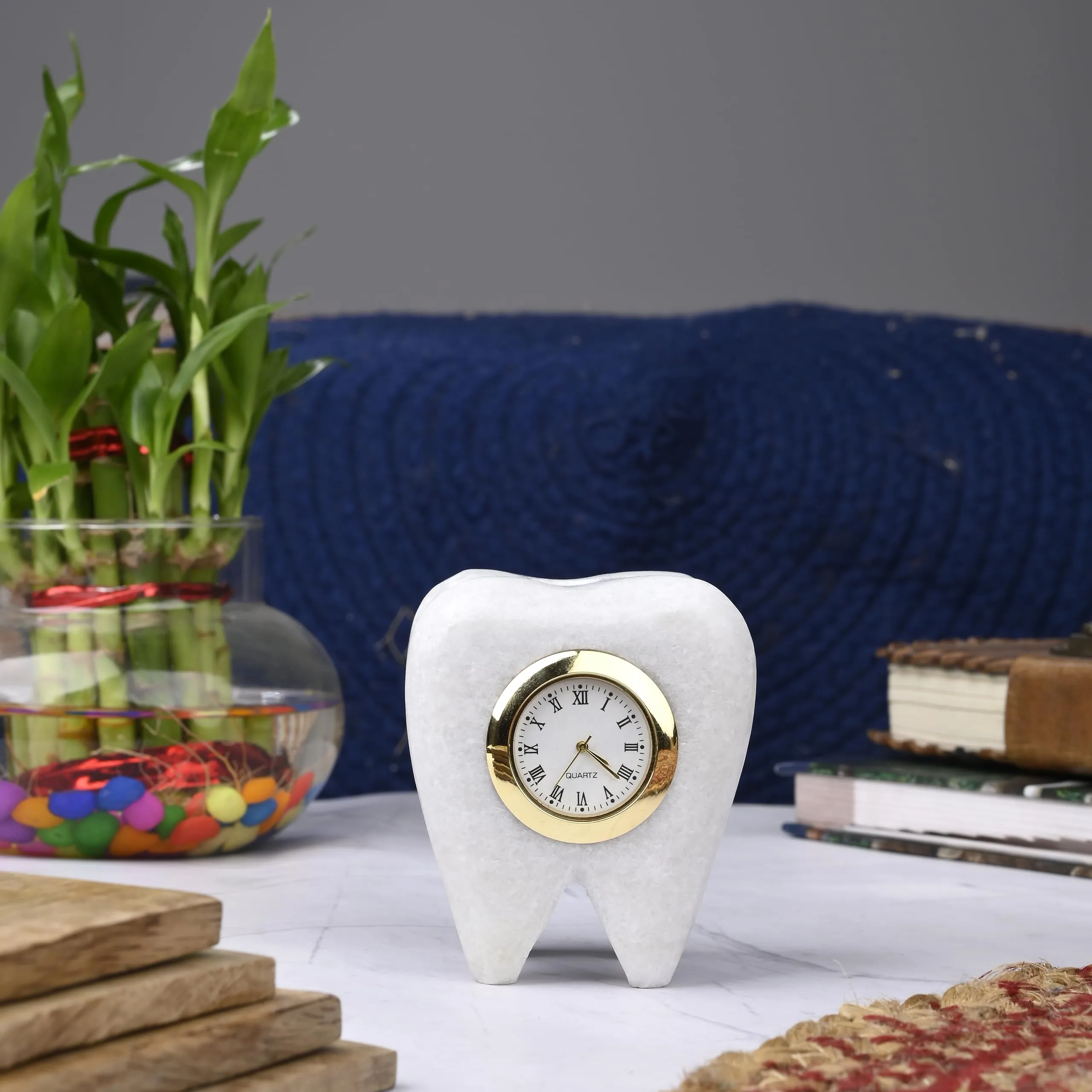 SAUDEEP INDIA Tooth Shape Dentist Desk Marble Table Clock for Decor and Paper Weight, Ideal for Dentists and Doctors (White)