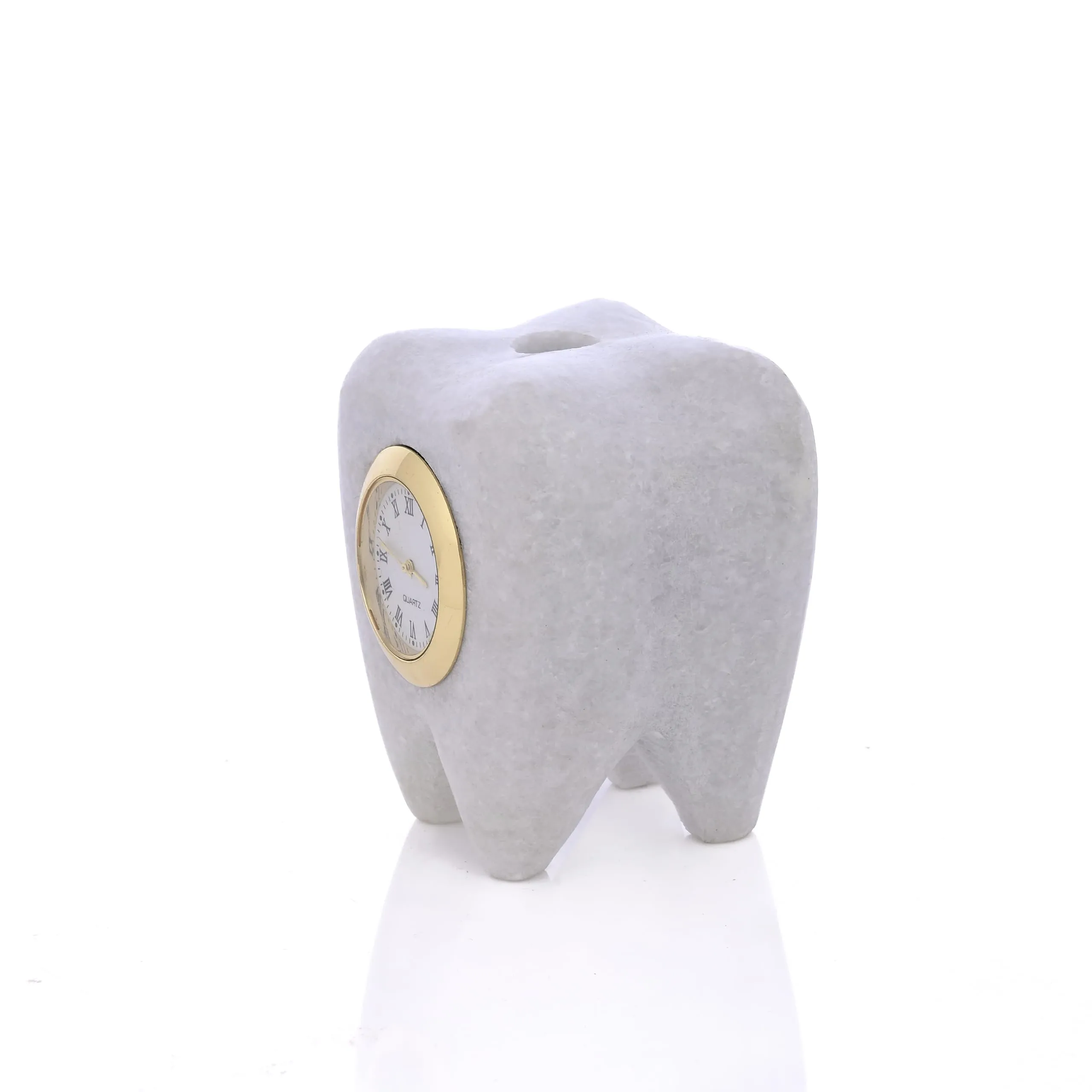SAUDEEP INDIA Tooth Shape Dentist Desk Marble Table Clock for Decor and Paper Weight, Ideal for Dentists and Doctors (White)