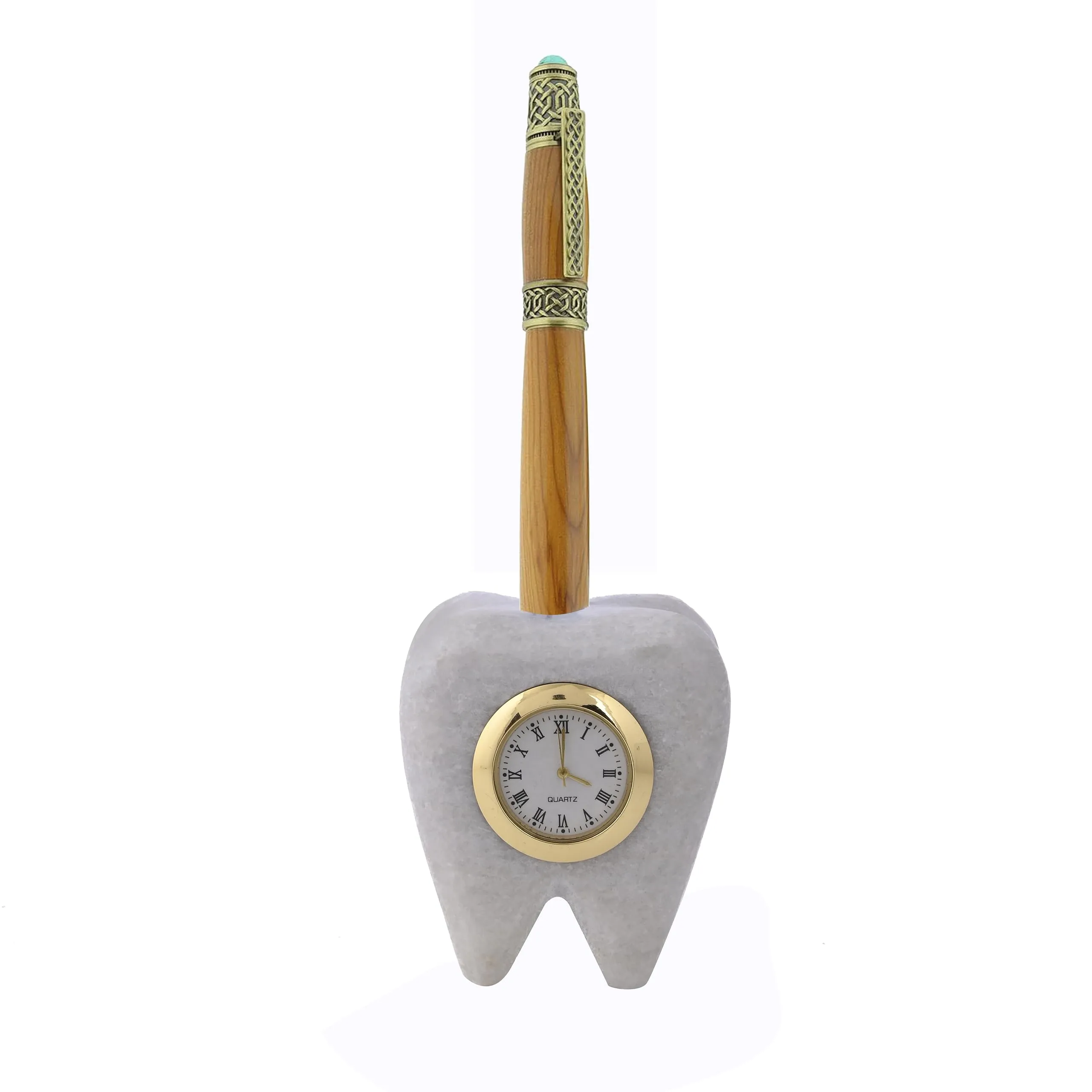 SAUDEEP INDIA Tooth Shape Dentist Desk Marble Table Clock for Decor and Paper Weight, Ideal for Dentists and Doctors (White)