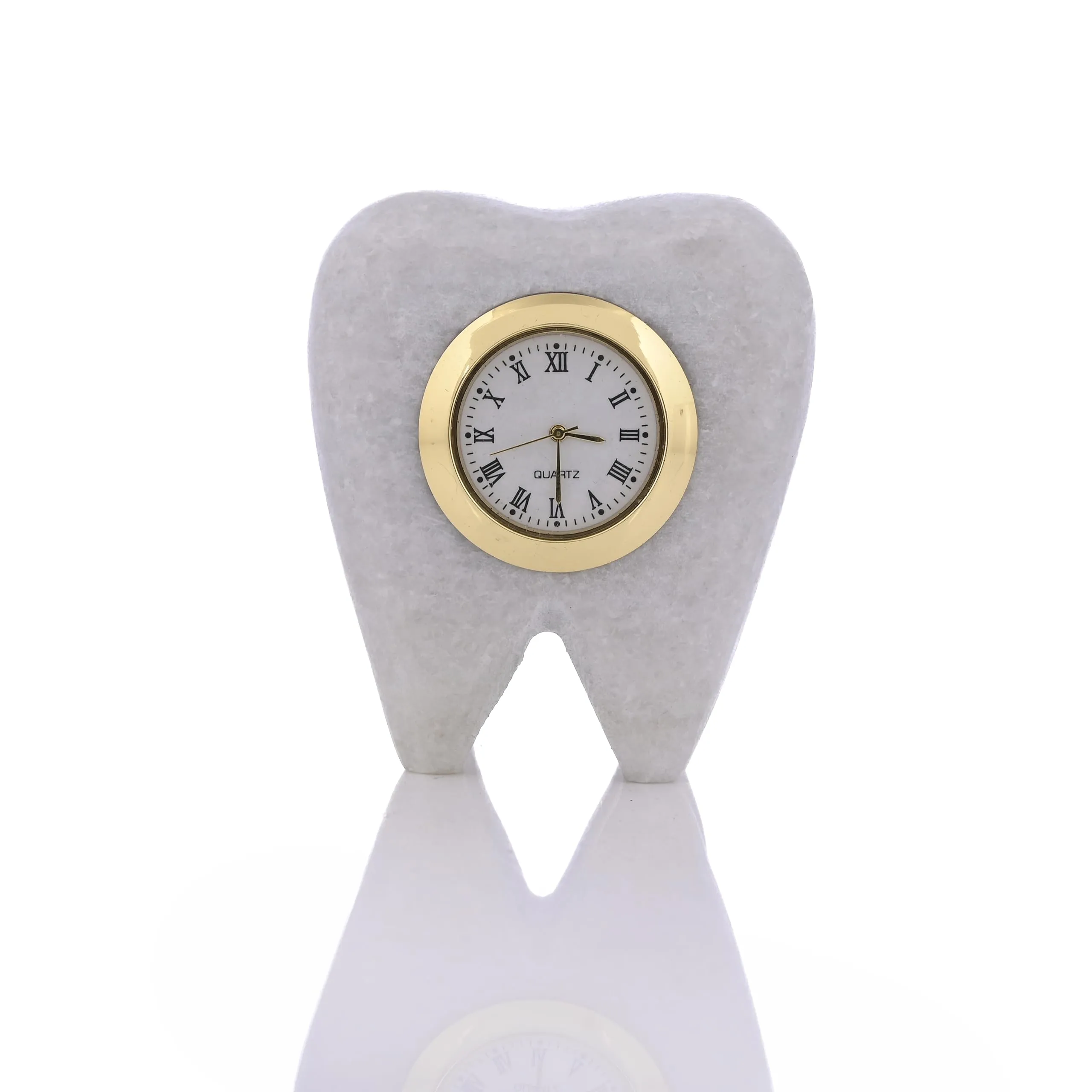 SAUDEEP INDIA Tooth Shape Dentist Desk Marble Table Clock for Decor and Paper Weight, Ideal for Dentists and Doctors (White)