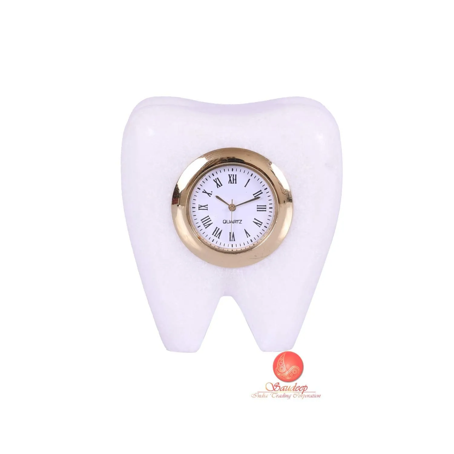 SAUDEEP INDIA Tooth Shape Dentist Desk Marble Table Clock for Decor and Paper Weight, Ideal for Dentists and Doctors (White)
