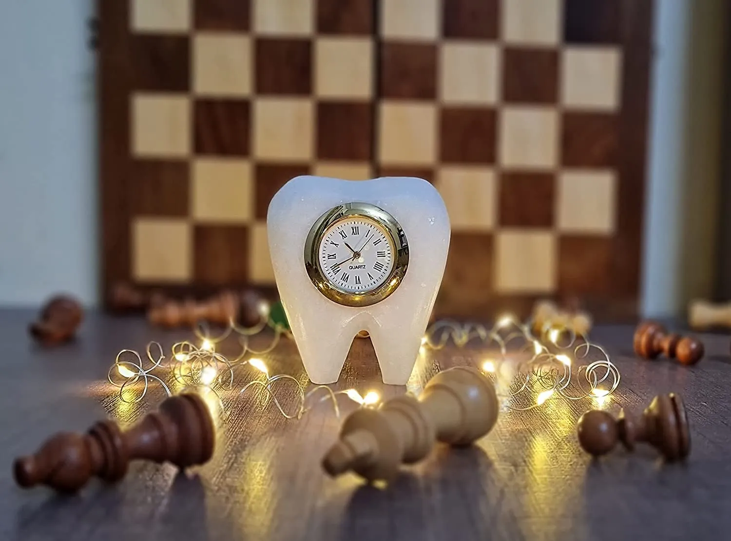 SAUDEEP INDIA Tooth Shape Dentist Desk Marble Table Clock for Decor and Paper Weight, Ideal for Dentists and Doctors (White)