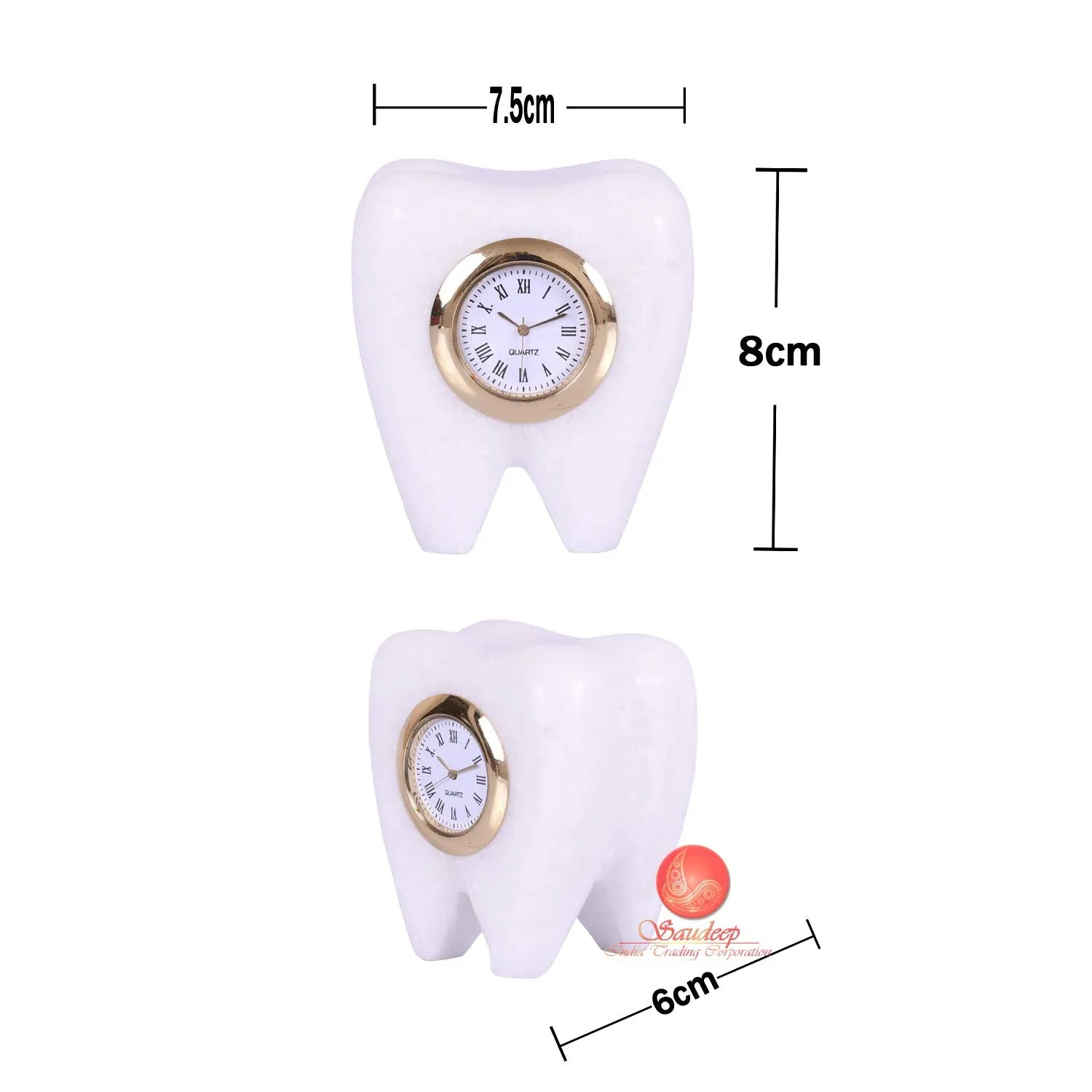 SAUDEEP INDIA Tooth Shape Dentist Desk Marble Table Clock for Decor and Paper Weight, Ideal for Dentists and Doctors (White)