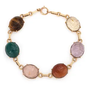 Scarab Beetle Bracelet Vintage 14k Yellow Gold Amethyst Tigers Eye Jewelry 7.5
