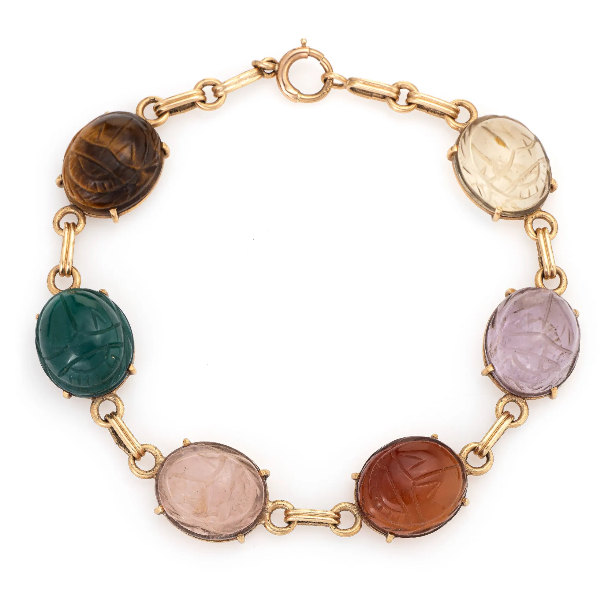 Scarab Beetle Bracelet Vintage 14k Yellow Gold Amethyst Tigers Eye Jewelry 7.5