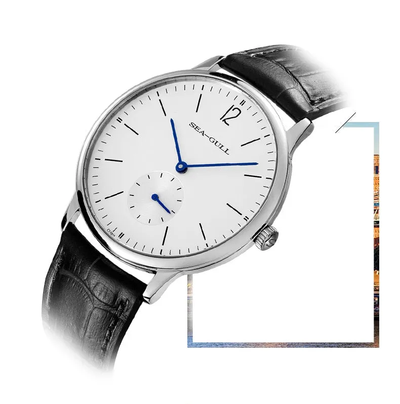 Sea-Gull 12,3,9 hour index with 6 o'clock seconds sub-dial complication. Waterproof and Sapphire manual wind Watch 819.17.6004
