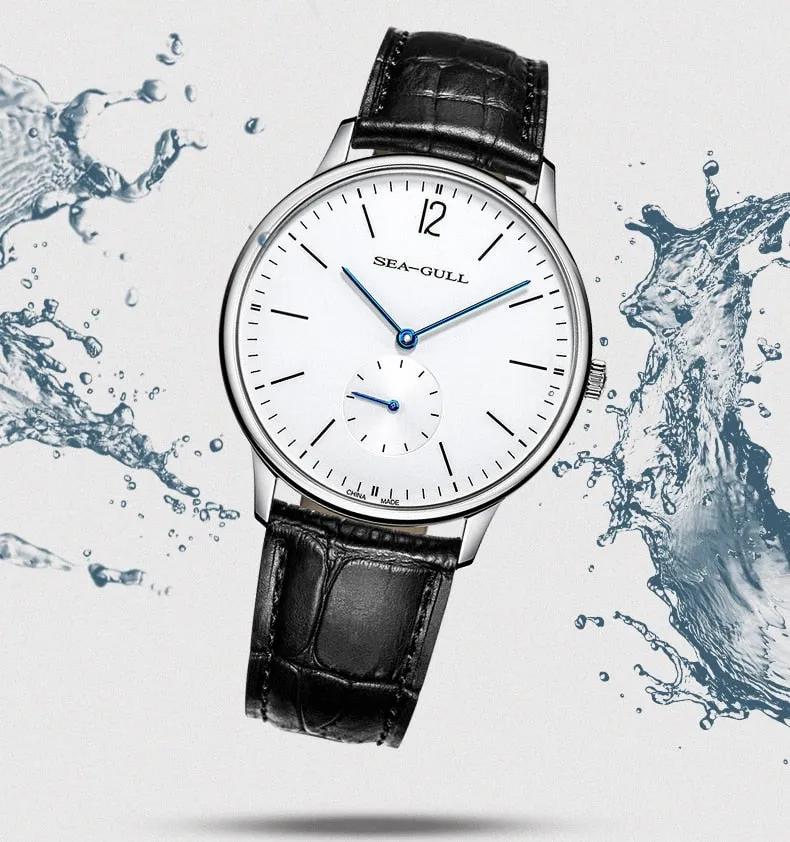 Sea-Gull 12,3,9 hour index with 6 o'clock seconds sub-dial complication. Waterproof and Sapphire manual wind Watch 819.17.6004