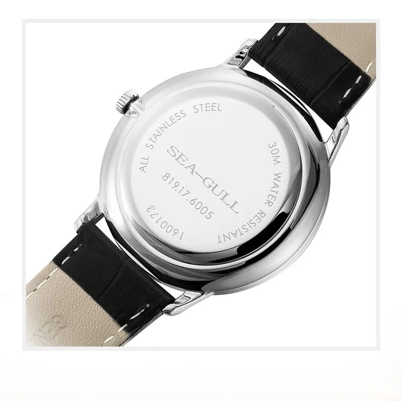 Sea-Gull 12,3,9 hour index with 6 o'clock seconds sub-dial complication. Waterproof and Sapphire manual wind Watch 819.17.6004